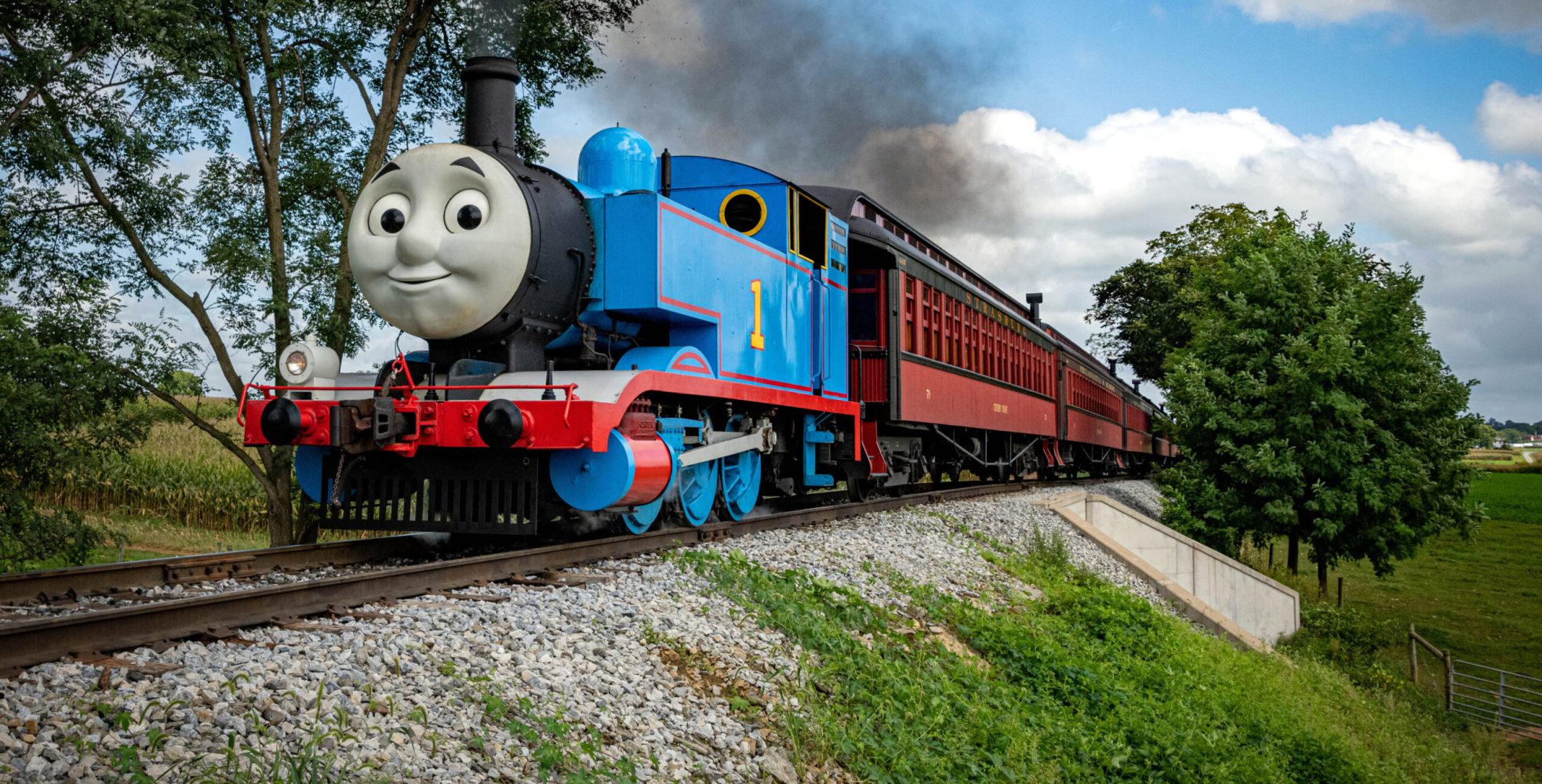 Thomas the Tank Engine traveling down the train tracks.