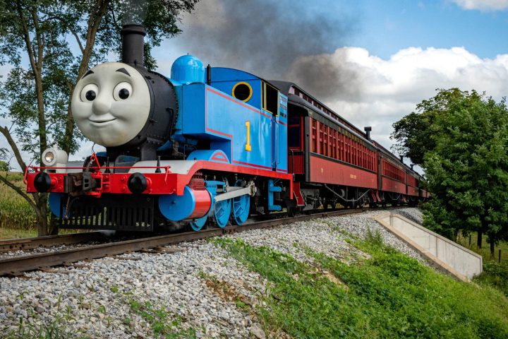 Thomas the tank engine on the Strasburg Rail Road tracks.