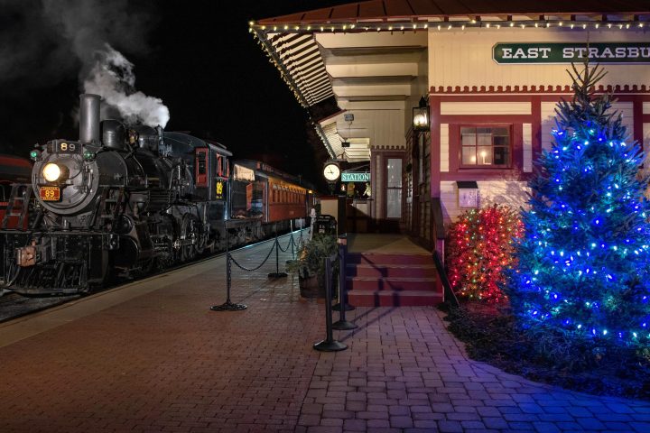 East Strasburg Station at night, decorated for Christmas.
